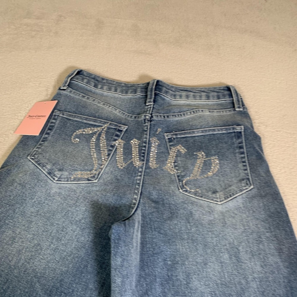 Juicy Couture Lunita Wide Leg Jeans Juniors 7/28 Blue Wash High Rise Rhinestone - Picture 2 of 16